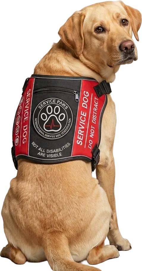 Labrador service dog wearing a red Service Paws certification vest
